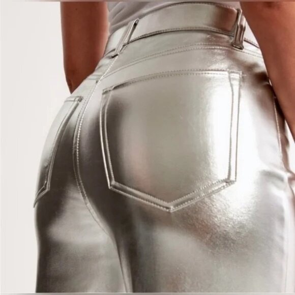 7 For All Mankind High Rise Vegan Leather Silver Metallic 5-pkt Pants NWT Large - Picture 8 of 13
